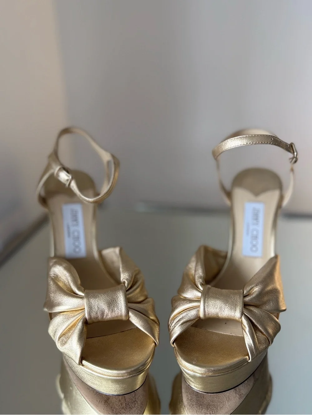 Jimmy Choo Heloise 120 Gold Metallic Nappa Leather Platform Sandals 38.5